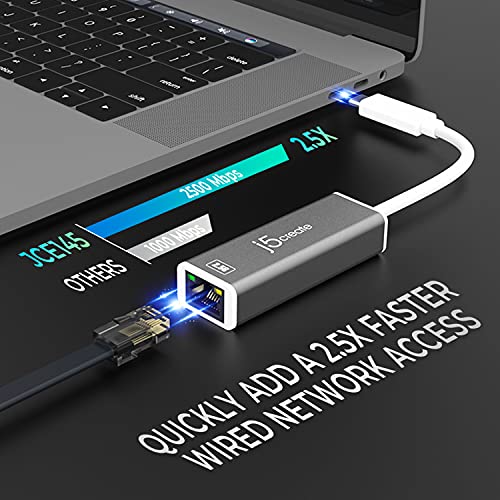 j5create USB-C to 2.5G Ethernet Adapter, RJ45 LAN 2.5 Gigabit Network to USB Type C/Thunderbolt Converter, Compatible for MacBook Pro/Air, Tablets, Dell XPS, Surface Pro 7 (JCE145)