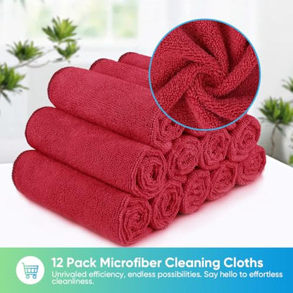 HOMEXCEL Red Microfiber Cleaning Cloth, 12 Pack Premium Microfiber Towels for Cars, Lint Free, Scratch-Free, Highly Absorbent, Reusable Cleaning Rags for Car, Household, Kitchen, Window, 11.5"X11.5" - color: Red