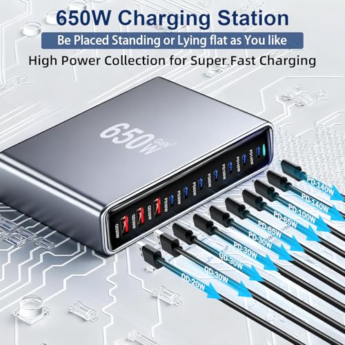 650W USB C Fast Charger Block, Dual PD3.1 140W Multi-Port USB Charging Station, GaN Ⅲ PD PPS Fast Charging Station for Multiple Devices,Laptop Wall Charger Compatible with iPhone 17/iPad/MacBook etc - size: 650W+A 240W Braided Nylon Fast Charging Cable