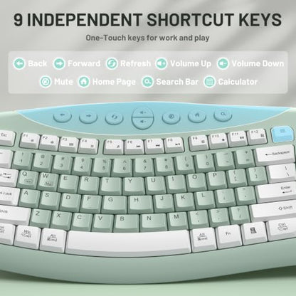 Wireless Keyboard and Mouse Combo Silent Ergonomic Curved Design for Office - color: Avocado green-A