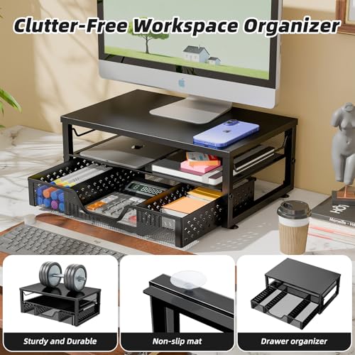 Simple Trending 2-Tier Monitor Stand Riser, Laptop & Printer Stand, Black | Metal Desk Organizer with Drawer, Desktop Organizer, Ergonomic Design, for Home Office, 16.34"W x 10.35"D x 3.5"H - size: 16.34"W x 10.35"D x 3.5"H