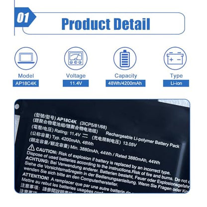 AP18C4K 11.4V 48Wh/4200mAh Laptop Battery Compatible with Acer Aspire 3 A315-42 A315-54 Aspire 5 A514-52 A515-43 A515-44G A515-52K A515-54 Swift S40-51 SF314-41 SF314-57 Series Notebook