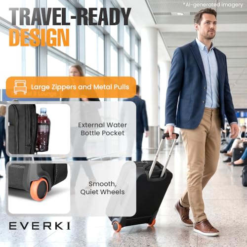 EVERKI Wheeled 420 Laptop Trolley Bag with Laptop Compartment, Black - 35L | Ballistic Nylon, Leather Accents, Rolling Carry-On Bag, Business, Gaming, Removable Sleeve, Travel-Friendly, Fits up to 18.4"