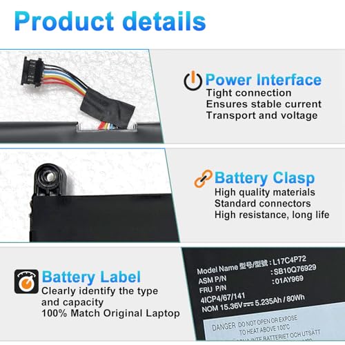 L17C4P72 L17M4P72 Battery for Lenovo ThinkPad X1 Extreme 1st Gen/2nd Gen | ThinkPad P1 1st Gen/2nd Gen Series L18M4P71 SB10Q76928 01AY968 SB10S57317 01YU911 15.36V 80Wh 5235mAh - size: 12.48*4.02*0.22inch L17C4P72