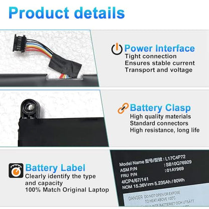L17C4P72 L17M4P72 Battery for Lenovo ThinkPad X1 Extreme 1st Gen/2nd Gen | ThinkPad P1 1st Gen/2nd Gen Series L18M4P71 SB10Q76928 01AY968 SB10S57317 01YU911 15.36V 80Wh 5235mAh - size: 12.48*4.02*0.22inch L17C4P72