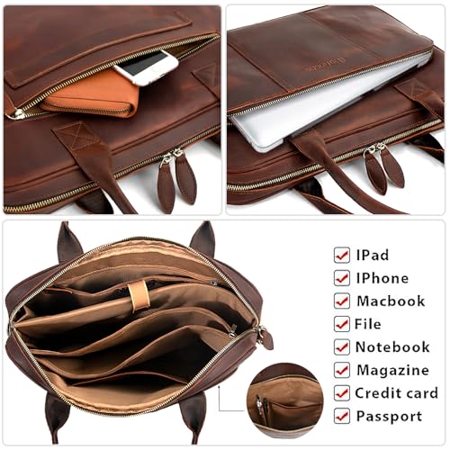 Blofinche Genuine Leather laptop briefcase 15.6 inch Computer Messenger shouledr work handbag Satchel bags - color: Coffee