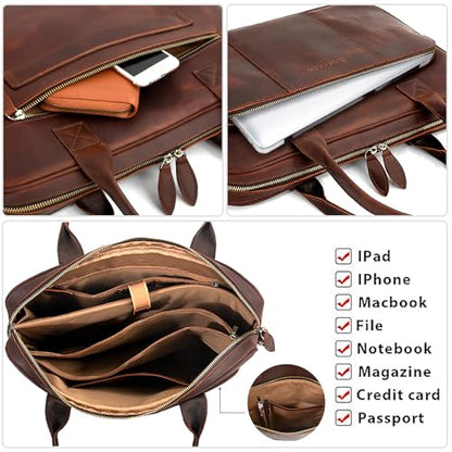 Blofinche Genuine Leather laptop briefcase 15.6 inch Computer Messenger shouledr work handbag Satchel bags - color: Coffee