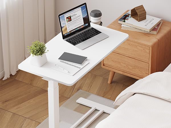 32''Large Medical Overbed Bedside Table with Wheels,Rolling Table | 31.5''x17.7'' White Table Top + White Edging Wood Grain Pneumatic Tilting Desktop,Overbed Table for Hospital Use - color: White+white, size: Large