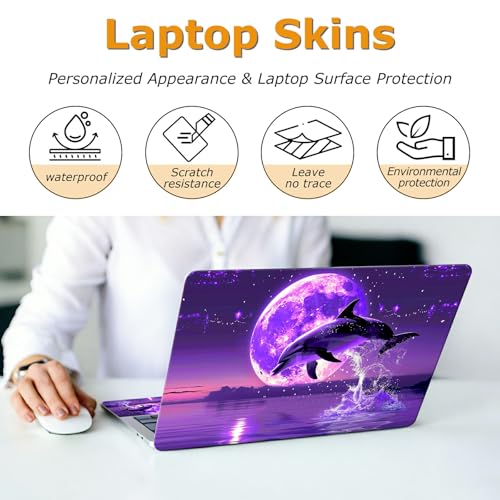 Universal Laptop Skin Sticker with 2 Wrist Pad Decals, 3-Piece Removable Vinyl Laptop Cover, Purple Dolphin Moon Waterproof Anti-Scratch, Easy-Trim Fit for 13.3" 14" 15.6" Laptops - color: Purple Dolphin Moon