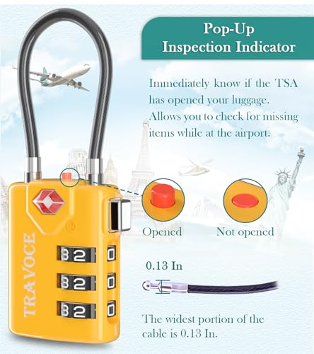 Search Alert TSA Approved Travel Combination Luggage Cable Locks for Suitcase, Gym Locker,Toolbox,Backpack 1,2,4,6 &10 pk (Yellow 4 Pack) - color: Yellow 4 Pack