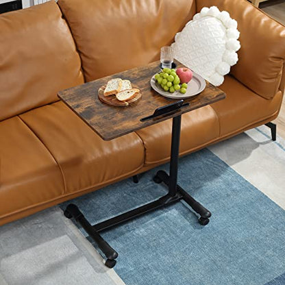 ETHU Overbed Table with Hydraulic Lift, 27.1-34.2 Inch Height Adjustable Bed Table with Lockable Casters - Wood Grain Tabletop with Cup Holder & Charging Slot, 22lbs Capacity Rolling Bedside Desk - color: Walnut