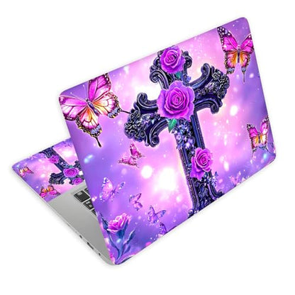 Universal Laptop Skin Decal, 3-Piece Vinyl Protector for 12 13 14 15.6" Notebook, Waterproof Anti-Scratch, Easy Trim & Bubble-Free Finish, Cross with Purple Rose - color: Cross with Purple Rose