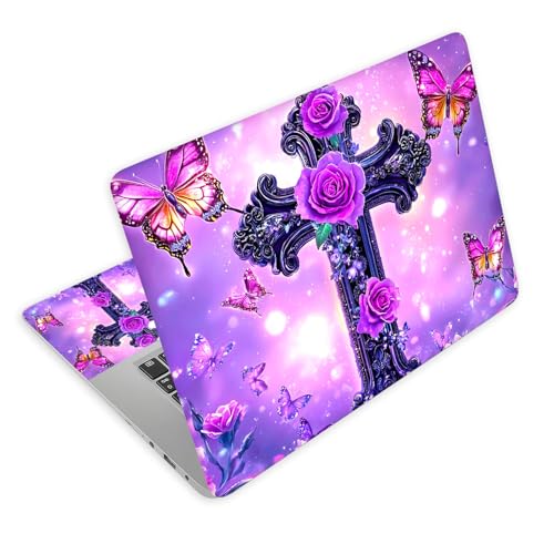 Universal Laptop Skin Decal, 3-Piece Vinyl Protector for 12 13 14 15.6" Notebook, Waterproof Anti-Scratch, Easy Trim & Bubble-Free Finish, Cross with Purple Rose - color: Cross with Purple Rose