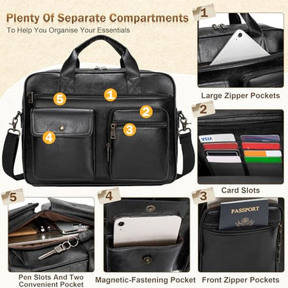 Briefcase for Men 15.6 Inch Laptop Messenger Bag Faux Leather Multi-Pocket Business Work Bag Waterproof Office Travel Tote - color: Black