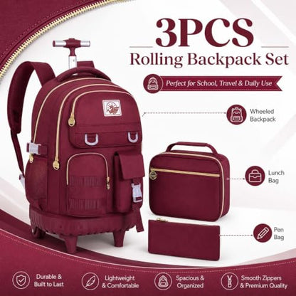 CCJPX Rolling Backpack for Girls, 21 inch Women Roller Wheels School Bookbag, Laptop Wheeled Water Resistant Wheeled Bookbag Set - Red - color: Red