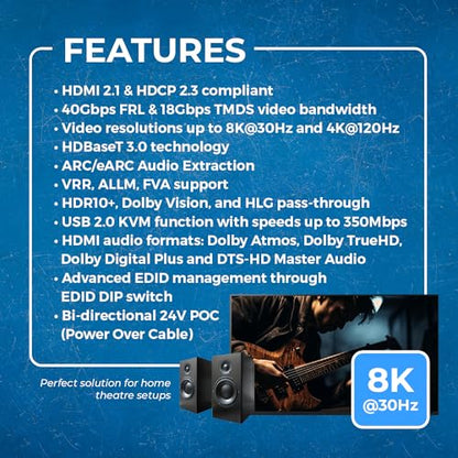 OREI 8K HDBaseT 3.0 HDMI KVM Extender, Loop Out, USB 2.0 RS-232 PoC HDR10+ | 4K 120Hz HDMI Extender, 4K 120Hz HDMI Over Ethernet, eARC/ARC, 40Gbps FRL, Dolby Vision, VRR, ALLM - size: 8K w/ eARC, LAN, KVM