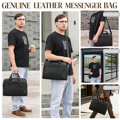 Leather Laptop Bag for Men Briefcase Fits 15.6 Inch Notebook Portable Shoulder Messenger Crossbody Bag for Travel Office - color: 15black