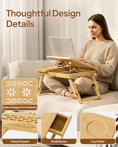 Bamboo Lap Desk, Adjustable Bed Desk with 4 Angle Options & Folding Design | Lap Desks for Adults, Ideal for Bed, Writing, Office Work, Drawing, Sofa & Travel