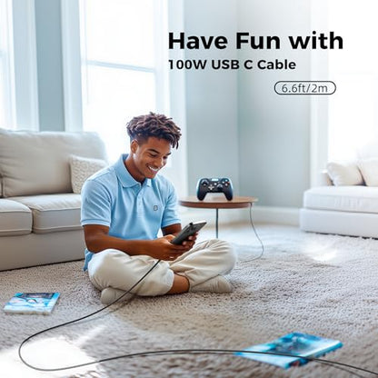 TANSEY USB C to USB C Cable, Type C 100watt Fast Charging Cable with Led Display 6Ft Length, Nylon Braid Cable for iPhone 16 Series, Samsung and More, 2 Pack, Blue