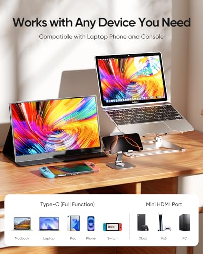 CJkao Portable Monitor 15.6” FHD 1080P USB-C & HDMI Display Ultra-Slim IPS Screen w/Smart Cover, Dual Speakers, HDR, Eye-Care, External Monitor for Laptop, Mac, Phone, PS5, Xbox, Switch, Black