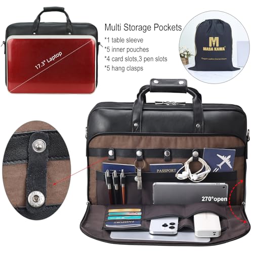 Masa Kawa Leather Briefcase for Men 15.6" 17" Laptop Business Messenger Bag | Computer Sleeve, Travel Luggage Strap, Professional Office Work Lawyer Crossbody Shoulder Attache Case - color: Black -Fits 17.3 Inch Laptop