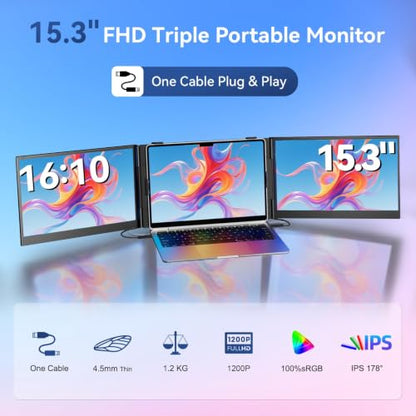 Laptop Screen Extender 15.3" Triple - One Cable Connection Portable Monitor Ultra-Light & Ultra-Slim 2.74lbs 1200P FHD IPS Extra Screen for 13"-17.3" Laptops Compatible with Wins/Mac/Android/Chrome - size: 15.3"