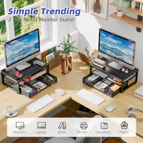 Simple Trending 2-Tier Monitor Stand Riser, Laptop & Printer Stand, Black | Metal Desk Organizer with Drawer, Desktop Organizer, Ergonomic Design, for Home Office, 16.34"W x 10.35"D x 3.5"H - size: 16.34"W x 10.35"D x 3.5"H