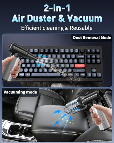 Compressed Air Duster, 2-in-1 Air Duster & Vacuum with 320000RPM Brushless Motor, Electric Air Duster Rechargeable, 3-Gear Adjustable Air Blower for Keyboard, Computer, Car, Home, Outdoor Cleaning