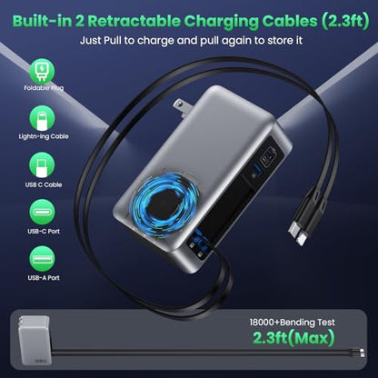 120W USB C Charger Block with 2 Built-in Retractable Cables,4-in-1 GaN IV Foldable Plug Wall Charger Fast Charging Station,PD 65W Laptop Adapter for MacBook/iPad,iPhone 17/16/15/14,Galaxy,Android etc - color: A-Silver