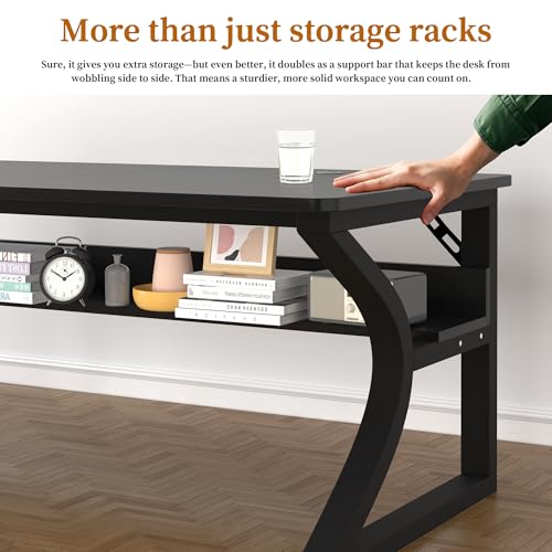 55'' Computer Desk Home Office Desk, Modern Computer Desk w/U Shaped Metal Frame, Storage Shelves, PC Table Study Writing Desk Workstation for Home Office (55inch/Black) - size: 55inch/Black