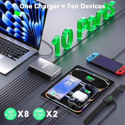 USB C Charger Block 800W GaN USB C Charging Station, 10-Port Fast Charger Hub with Multiple Power Outputs, Compatible with Laptop, MacBook, iPad, iPhone 1716/15/14/13/Pro Max, Samsung Galaxy S24 S23