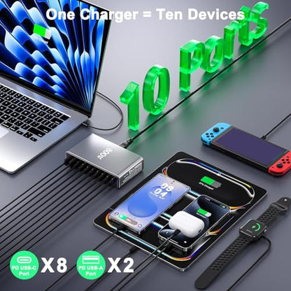 USB C Charger Block 800W GaN USB C Charging Station, 10-Port Fast Charger Hub with Multiple Power Outputs, Compatible with Laptop, MacBook, iPad, iPhone 1716/15/14/13/Pro Max, Samsung Galaxy S24 S23