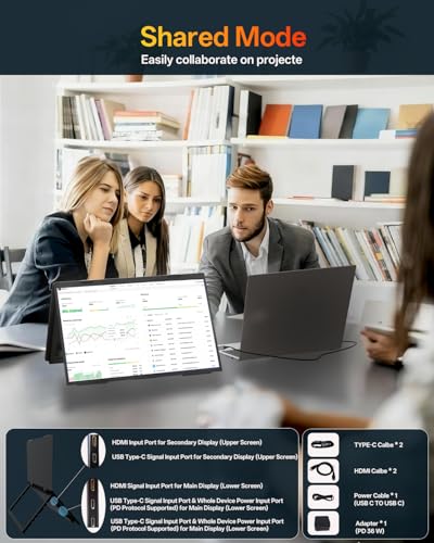 DEPGI 14" Dual Portable Laptop Screen Extender, Stacked Dual Portable Monitor for 13"-16" Laptops, Foldable Triple Screen with 30W PD Adapter, USB-C One-Cable Plug & Play for MacBook, Windows