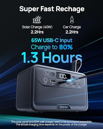 DaranEner Portable Power Station 89.6Wh LiFePO4 Battery, Portable Charger Power Bank with AC Outlet 100W/110V, USB-C PD Fast Charging Solar Generator for Laptop, Camping, Home, Office, TSA Approved