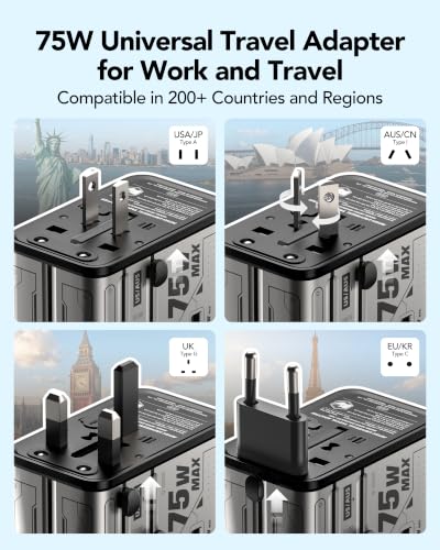 MFish 75W Universal Travel Adapter, 5-Port International Power Adapter with Retractable USB-C Cable, 3 USB-C & 1 USB-A + AC Outlet, Worldwide Wall Charger for MacBook, iPhone, iPad, EU/UK/US/AUS, Grey - color: Grey