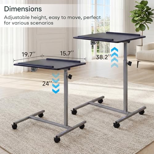 Overbed Bedside Table with Wheels, Rolling Desk Adjustable Height | Height 24-38" Rolling Bedside Table for Bed Sofa Hospital Home Office, Anti-Slip Edge, Lockable Casters, Dark Walnut