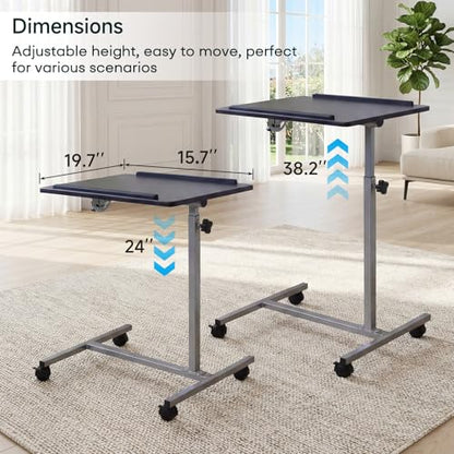 Overbed Bedside Table with Wheels, Rolling Desk Adjustable Height | Height 24-38" Rolling Bedside Table for Bed Sofa Hospital Home Office, Anti-Slip Edge, Lockable Casters, Dark Walnut