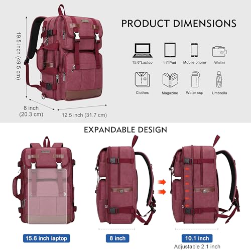 WITZMAN Canvas Travel Backpack for Women Large Laptop Backpack Fits 16 Inch | Expandable 32L to 42L, Carry-on Airline Approved Convertible Shoulder Rucksack, For Vacation, Overnight Trip, A6617 Red - color: Red