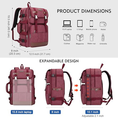 WITZMAN Canvas Travel Backpack for Women Large Laptop Backpack Fits 16 Inch | Expandable 32L to 42L, Carry-on Airline Approved Convertible Shoulder Rucksack, For Vacation, Overnight Trip, A6617 Red - color: Red