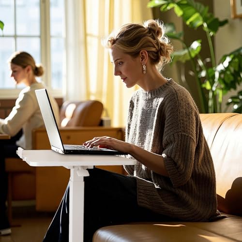 DUMOS Adjustable Bedside Overbed Table with Wheels, White | Laptop Standing Desk with Tilting Top Height, Mobile Rolling Computer Cart for Hospital Home Bedroom Use - color: White, size: 27.4" x 15.7" x 43.3"