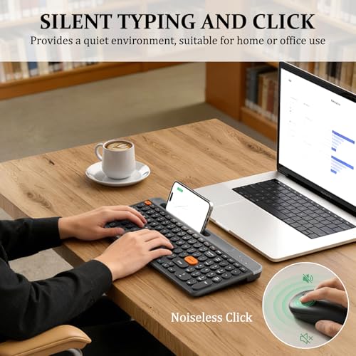 Bluetooth Keyboard Mouse Combo, Dual Multi-Device Wireless Keyboard with Phone Holder, Ultra-Compact 78-Key Layout, Quiet Keys & Rechargeable, for Windows PC Laptop (Black) - color: Black