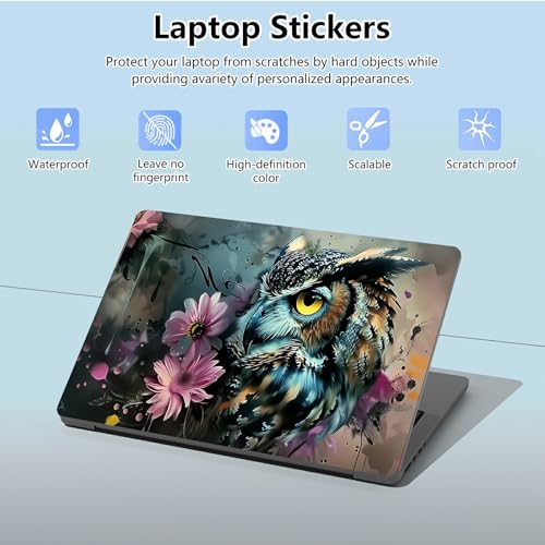 Universal Laptop Skin Sticker with 2 Wrist Pad Skins, Waterproof Scratch Resistant Vinyl Laptop Cover Decal, Cut to Fit for 11–15.6 Inch MacBook HP Dell Lenovo, Flower Owl - color: Flower Owl