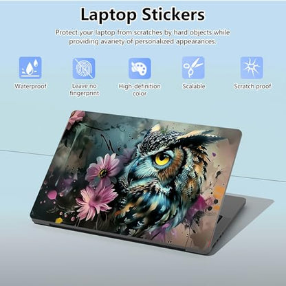 Universal Laptop Skin Sticker with 2 Wrist Pad Skins, Waterproof Scratch Resistant Vinyl Laptop Cover Decal, Cut to Fit for 11–15.6 Inch MacBook HP Dell Lenovo, Flower Owl - color: Flower Owl