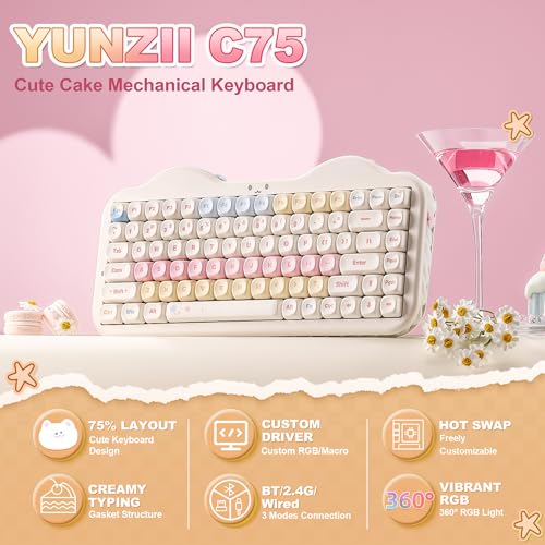YUNZII C75 Cute 75% Wireless Mechanical Keyboard (Beige, Candy Switch) | Creamy Cake Keyboard, BT5.0/2.4G/USB-C, Hot-Swap, NKRO, PBT MOA Keycaps,5500mAh RGB Gasket Mount for Mac/Win/Gaming/Office - color: Beige, size: Candy Switch