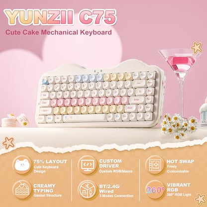 YUNZII C75 Cute 75% Wireless Mechanical Keyboard (Beige, Candy Switch) | Creamy Cake Keyboard, BT5.0/2.4G/USB-C, Hot-Swap, NKRO, PBT MOA Keycaps,5500mAh RGB Gasket Mount for Mac/Win/Gaming/Office - color: Beige, size: Candy Switch