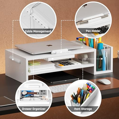 AFOOYO Adjustable Wood Laptop Stand, Ergonomic Height & Angle Computer Riser with Pen Holder – Compatible with MacBook Air/Pro, Dell, HP, Lenovo & 10-17.3" Notebooks – White - color: White, size: With Pen Holder