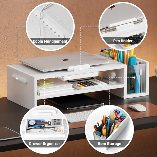 AFOOYO Adjustable Wood Laptop Stand, Ergonomic Height & Angle Computer Riser with Pen Holder – Compatible with MacBook Air/Pro, Dell, HP, Lenovo & 10-17.3" Notebooks – White - color: White, size: With Pen Holder