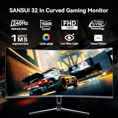 SANSUI 32 Inch Curved 240Hz Gaming Monitor High Refresh Rate, FHD 1080P | Gaming PC Monitor HDMI DP1.4, 1500R Curvature, 1Ms MPRT, HDR,Metal Stand,VESA Compatible(DP Cable Incl.) - size: 32 inch