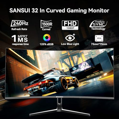 SANSUI 32 Inch Curved 240Hz Gaming Monitor High Refresh Rate, FHD 1080P | Gaming PC Monitor HDMI DP1.4, 1500R Curvature, 1Ms MPRT, HDR,Metal Stand,VESA Compatible(DP Cable Incl.) - size: 32 inch