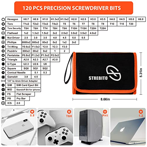 STREBITO Precision Screwdriver Set 142-Piece Electronic Repair Tool Kit with Torx T5 T6 T8 T15, Triwing Y000, Star P5, Gamebit, Tech Toolkit for Computer, Laptop, iPhone, Nintendo, PS5, Ring, Orange | 120 Bits Magnetic Repair Tool Kit for iPhone, MacBook,